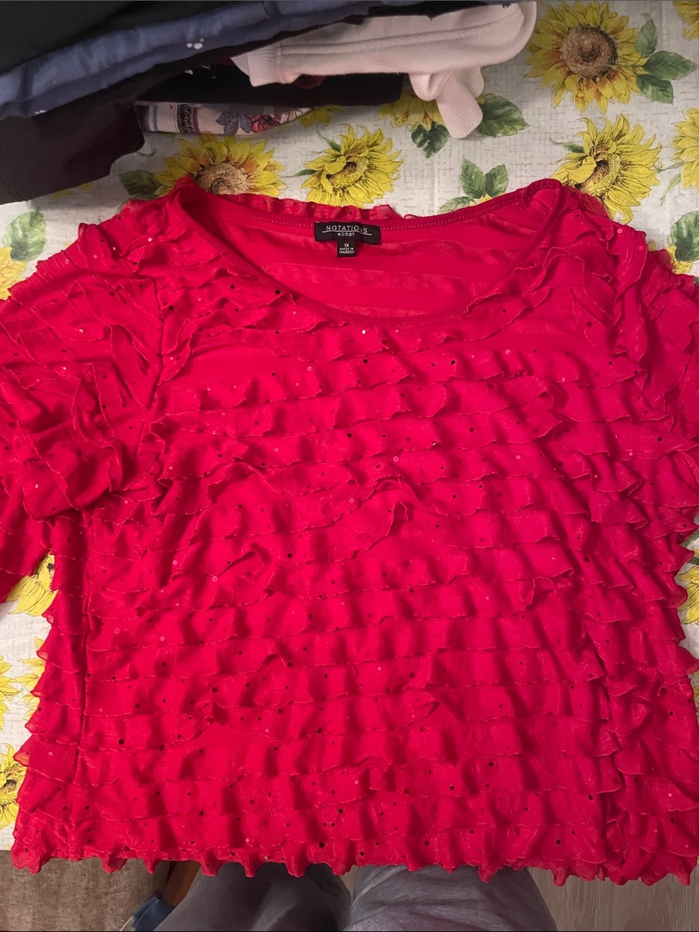 Notations Bright Red Ruffle long Sleeve Top
